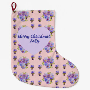 Grande Chaussette De Noël Shabby Chic Floral À pois de Noël Nom de femme