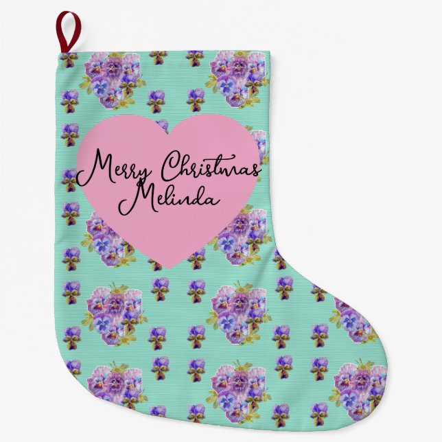 Grande Chaussette De Noël Shabby Chic Floral Aqua Christmas Girls Name (Devant)
