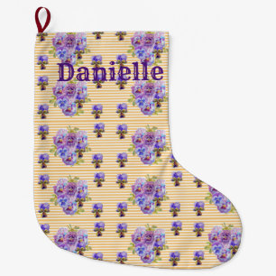 Grande Chaussette De Noël Shabby Chic Floral Aqua Stripe Noël Stocker