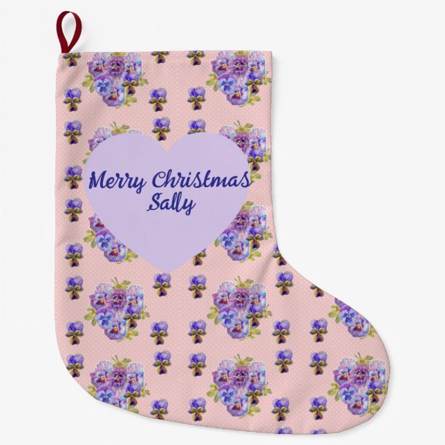 Grande Chaussette De Noël Shabby Chic Floral Polka Dot Christmas Womans Name (Devant)