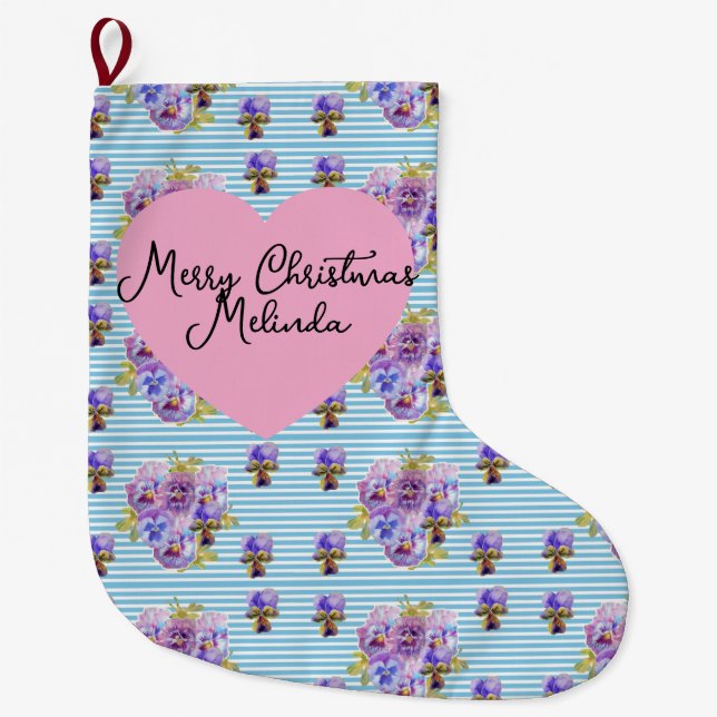 Grande Chaussette De Noël Shabby Floral Pastel Blue Christmas Girls Name (Devant)