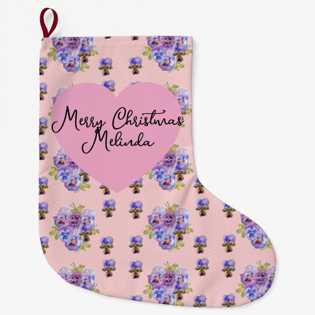 Grande Chaussette De Noël Shabby Floral Pastel Blue Christmas Girls Name (Devant)