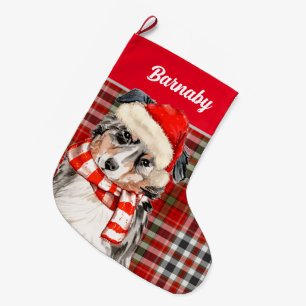 Grande Chaussette De Noël Shepherd and Red Plaid with Dog