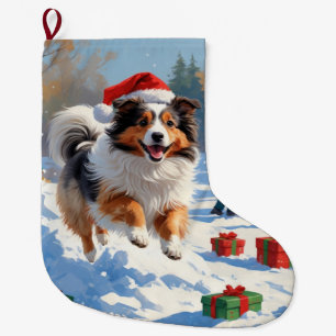 Grande Chaussette De Noël Shetland Sheepdog Courir La Neige Avec Le Casquett