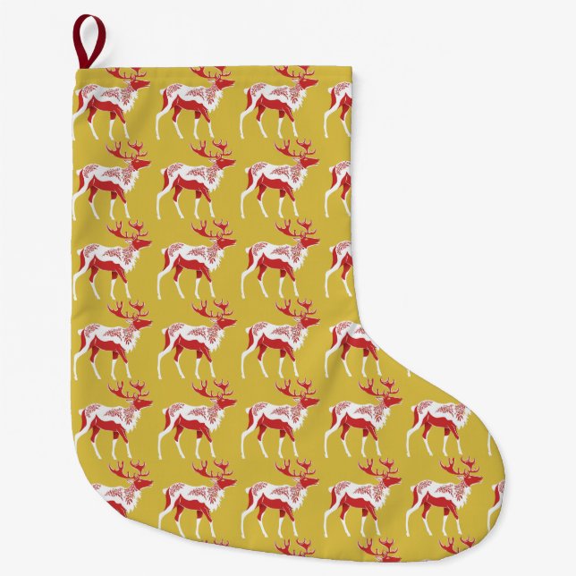 Grande Chaussette De Noël Simple Gold Red Reindees Noël Motif Noël (Devant)