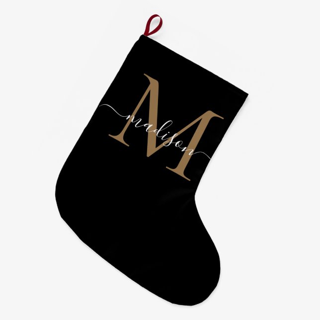 Grande Chaussette De Noël Simple Noir Monogramme Élégant Script Girl (Devant (Accrochage))