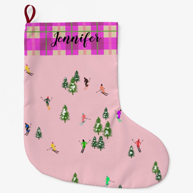 Grande Chaussette De Noël Skieurs roses Ski d'ouverture Noël Ski de vacances (Devant)