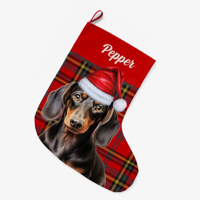 Grande Chaussette De Noël Smooth Dachshund Dog Holiday Plaid Personalized (Devant (Accrochage))