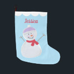 Grande Chaussette De Noël Snow Cute Snowman Nom personnalisé<br><div class="desc">Snow mignon bonhomme de neige avec nom personnalisé. Ajoutez le nom d'une personne pour un cadeau ou une occasion spéciale. Visitez ma boutique pour la collection complète de conception de bas de Noël.</div>