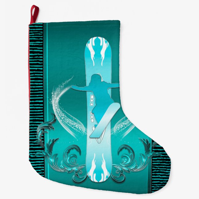 Grande Chaussette De Noël Snowboarding, surfeur avec les éléments floraux (Devant)