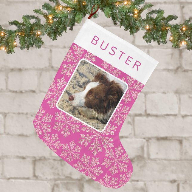 Grande Chaussette De Noël Snowflake Berry Bling Simple mignonne Enfant Ou Ph (Add your pet's photo or child's picture to this cute dark pink and snowflake Christmas stocking)