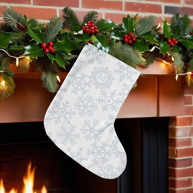 Grande Chaussette De Noël Snowflake Motif Monogrammed Christmas Stocking (A white snowflake pattern Christmas stocking with space for your initial)
