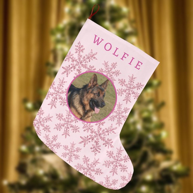 Grande Chaussette De Noël Snowflake Pink Glam Simple mignonne Enfant Ou Phot (Double sided faux glitter pink snowflake Christmas stocking fun for pets and kids)