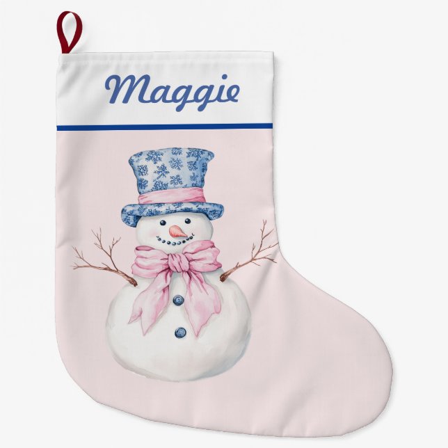 Grande Chaussette De Noël Snowman en bleu Damask Top Hat (Devant)