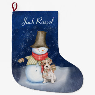 Grande Chaussette De Noël Snowman et chien - Jack Russell Terrier