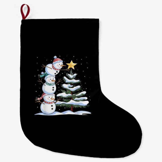 Grande Chaussette De Noël Snowman Merry Christmas Santa Claus Tree Snow Fami (Devant)