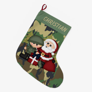 Grande Chaussette De Noël Soldat militaire et Père Noël Personnalisé