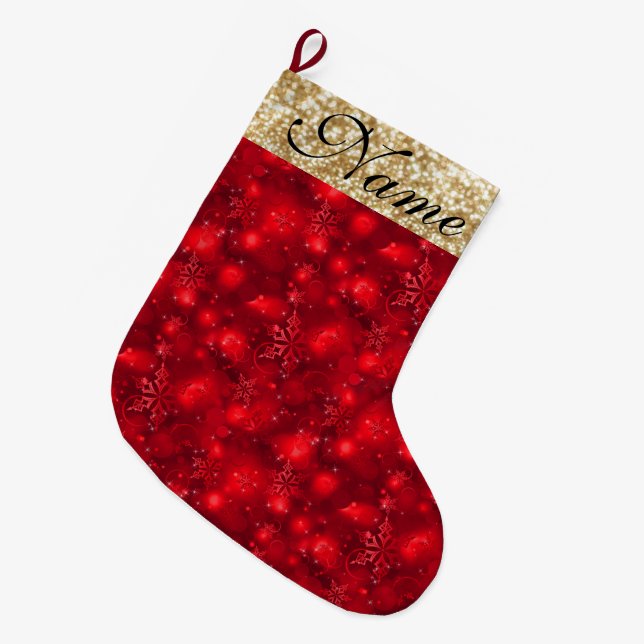 Grande Chaussette De Noël Sparkly Snowflakes, Red & Gold Parties scintillant (Devant (Accrochage))