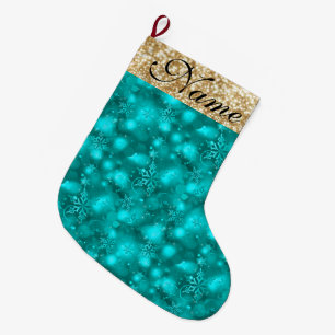 Grande Chaussette De Noël Sparkly Snowflakes, Turquoise & Parties scintillan