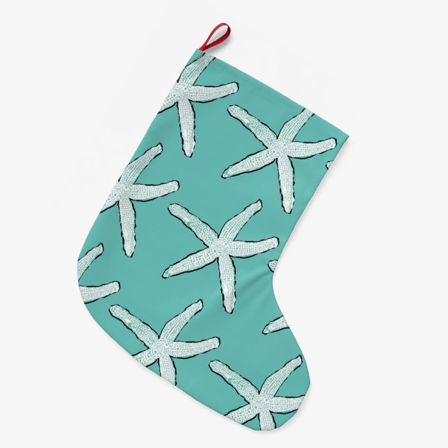 Grande Chaussette De Noël Starfish Motif Beach Côte Turquoise Bleu Noël (Devant (Accrochage))