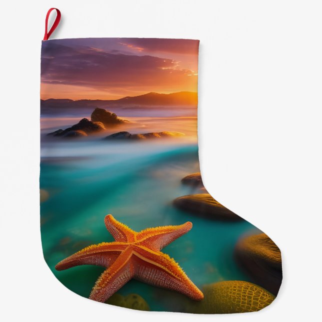 Grande Chaussette De Noël Starfish sur la plage à Dawn (Devant)