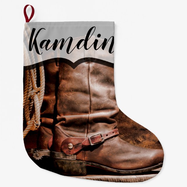 Grande Chaussette De Noël Stocker Personnalisé Boots de Cowboy Barn Wood Rus (Devant)