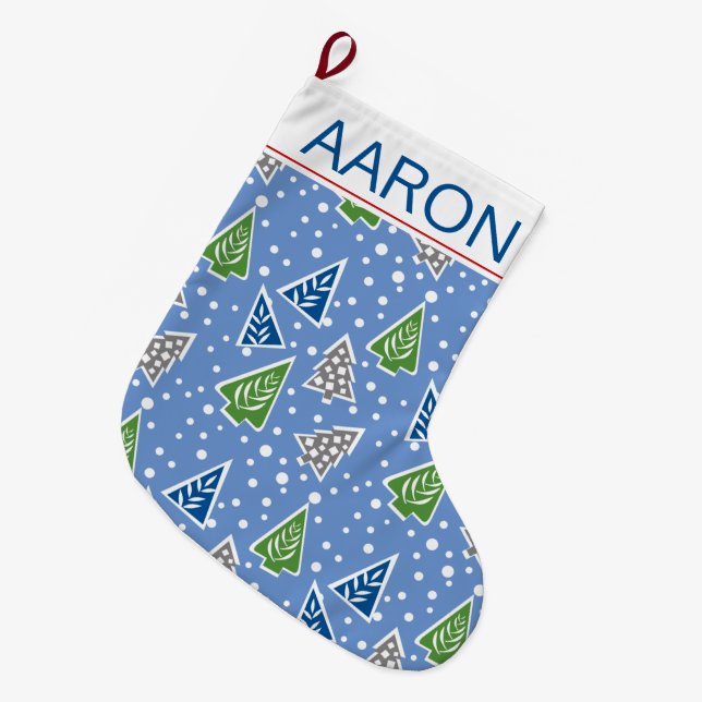 Grande Chaussette De Noël Stylisé arbres de Noël motif bleu et nom (Devant (Accrochage))