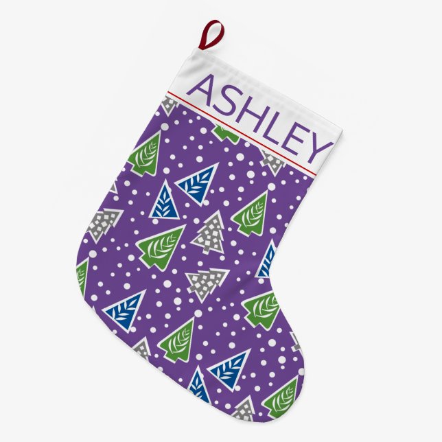 Grande Chaussette De Noël Stylisé arbres de Noël motif violet et nom (Devant (Accrochage))