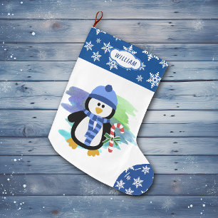 Grande Chaussette De Noël Sucre de canne bleu mignon de pingouin