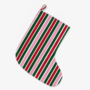 Grande Chaussette De Noël Sucre de canne de Noël rayures en rose vert et rou