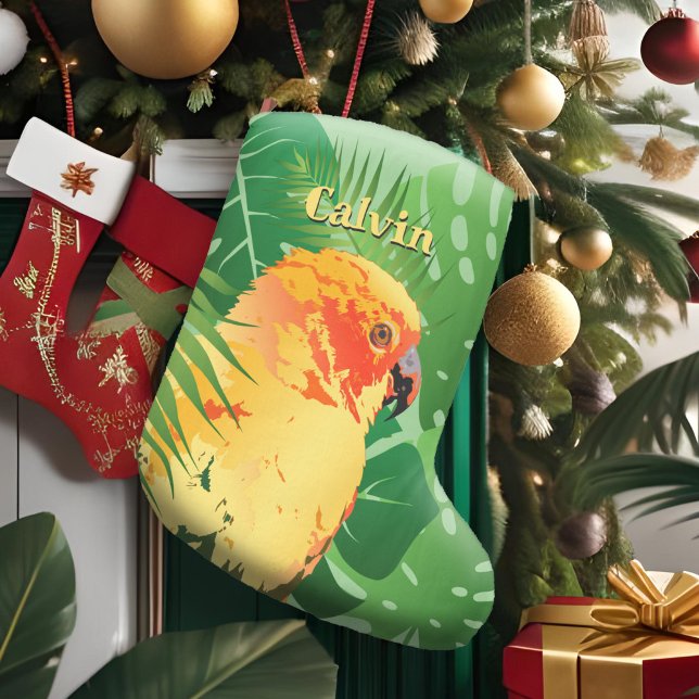 Grande Chaussette De Noël Sun Conure Parrot Pop Art Green Feuilles tropicaux (Sun Conure Parrot Pop Art Green Tropical Leaves Large Christmas Stocking; holiday decor for pet bird)