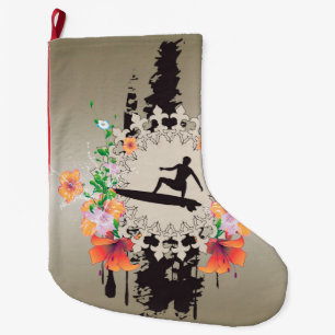 Grande Chaussette De Noël Surfer, surfboarder avec des fleurs