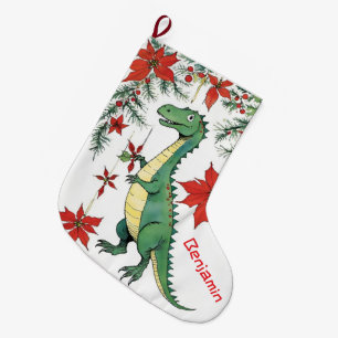 Grande Chaussette De Noël T-Rex dinosaure de Noël drôle & poinsettias
