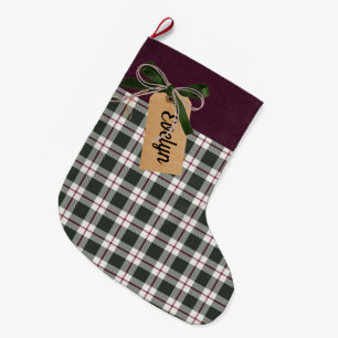 Grande Chaussette De Noël Tag Kraft Plaid Personnalisé Berry Rouge Crème ver