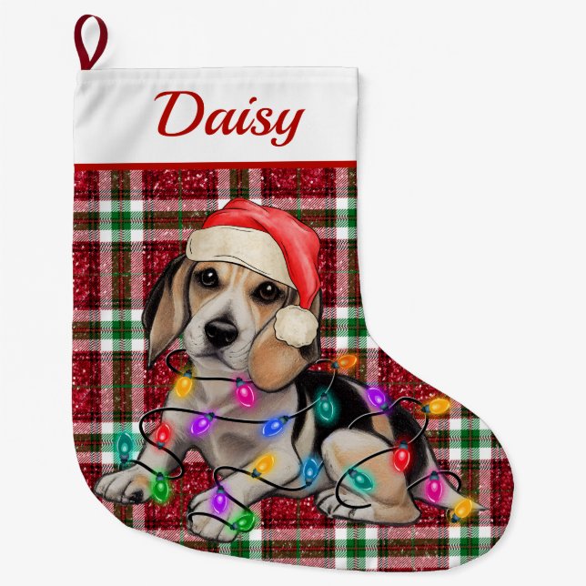 Grande Chaussette De Noël Tartan à paillettes de Noël Beagle (Devant)
