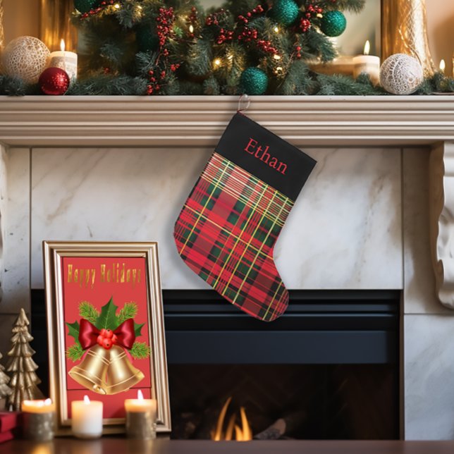Grande Chaussette De Noël Tartan personnalisé Rouge et Vert Noël (Personalized Family Christmas Stocking, Tartan Holiday Mantel Decoration, Red Green Gold Stocking)
