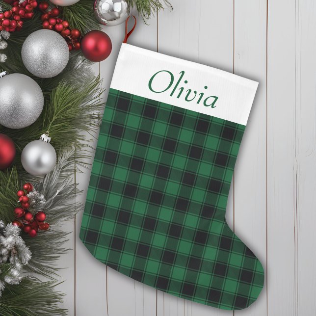 Grande Chaussette De Noël Tartan vert et noir de buffle festif (Festive Green and Black Buffalo Tartan Plaid Large Christmas Stocking)