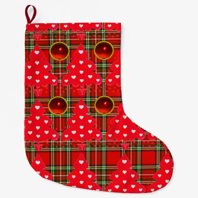 GRANDE CHAUSSETTE DE NOËL TARTAN VERT ROUGE, ARBRE DE NOËL AU COEUR (Devant)