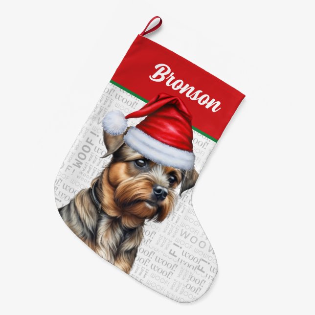 Grande Chaussette De Noël Terrier frontalier de Noël avec le nom Woof Arrièr (Devant (Accrochage))