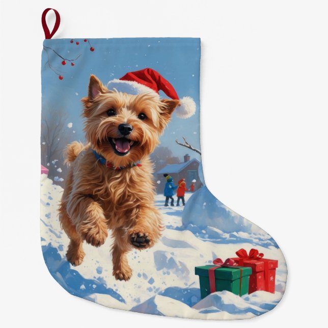 Grande Chaussette De Noël Terrier rouillé en neige avec Casquette de Noël (Devant)