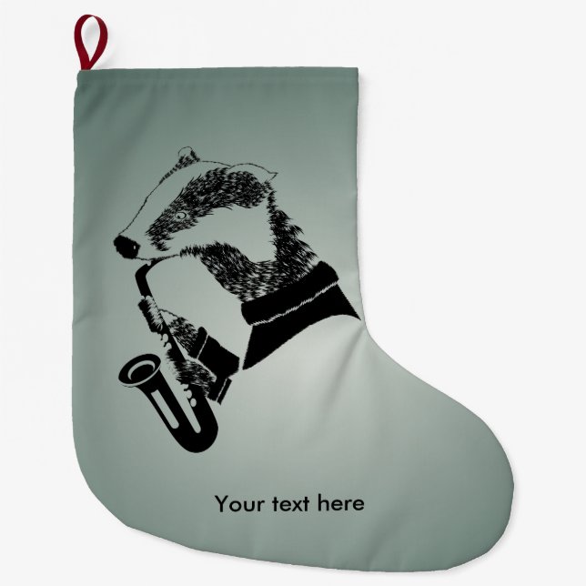 Grande Chaussette De Noël Texte personnalisé du saxophone Badger (Devant)