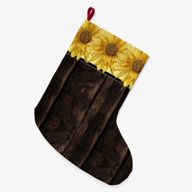 Grande Chaussette De Noël Tournesol jaune brillant en bois rustique (Devant (Accrochage))
