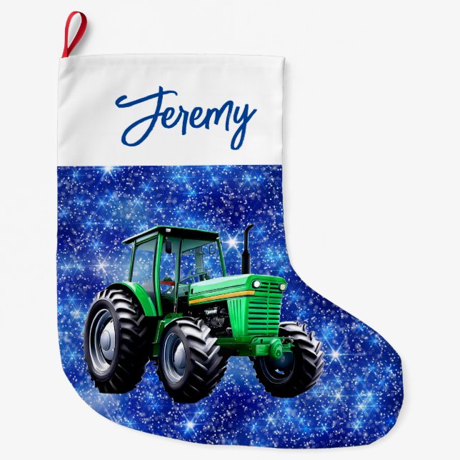 Grande Chaussette De Noël Tracteur vert moderne bleu (Devant)