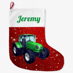Grande Chaussette De Noël Tracteur vert moderne en rouge