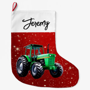 Grande Chaussette De Noël Tracteur vert moderne rouge