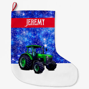 Grande Chaussette De Noël Tracteur vert moderne sur bleu