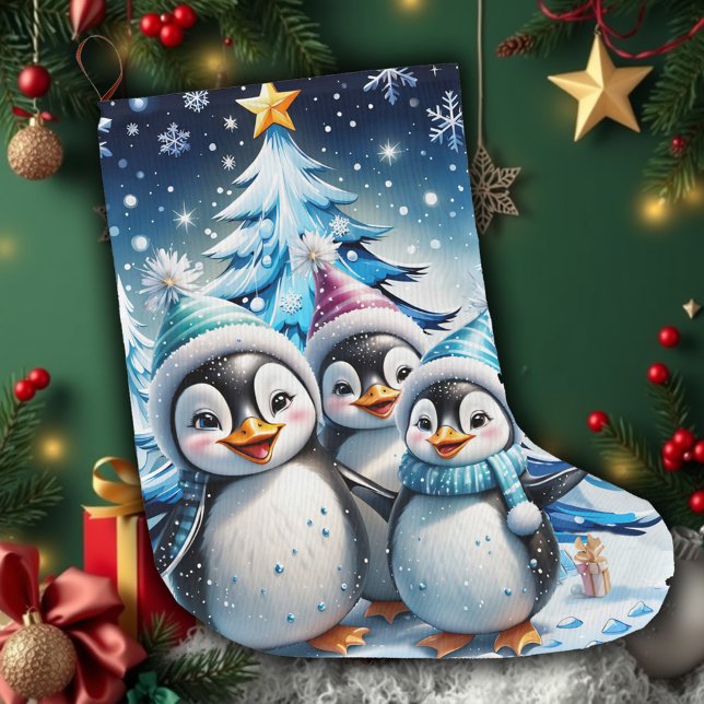 Grande Chaussette De Noël Trois adorables pingouins (Créateur téléchargé)