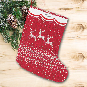 Grande Chaussette De Noël Trois rennes motif nordique rouge
