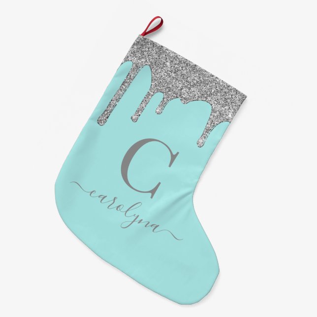 Grande Chaussette De Noël Turquoise Aqua Silver Éperche Parties scintillant  (Devant (Accrochage))