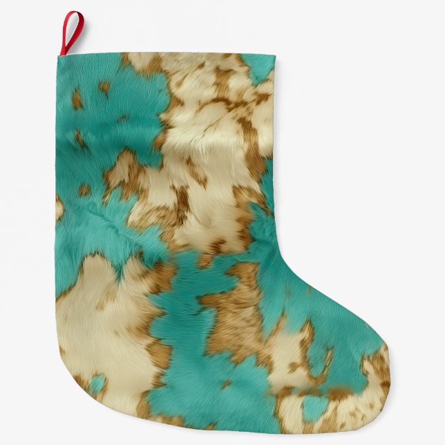 Grande Chaussette De Noël Turquoise Brown Cream Animal Cowhide Western (Devant)